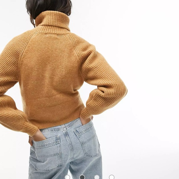 NWT Topshop Rollneck Balloon Sleeve Crop Sweater Brown Camel Ribbed Sz 8-10 - Picture 2 of 9